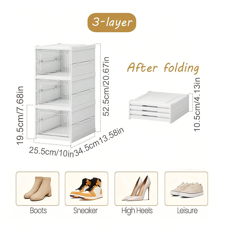 3-Tier Stackable Shoe Storage Box Set, featuring easy-access front-opening waterproof transparent plastic storage bins with no assembly required - perfect for closets and entryways.
