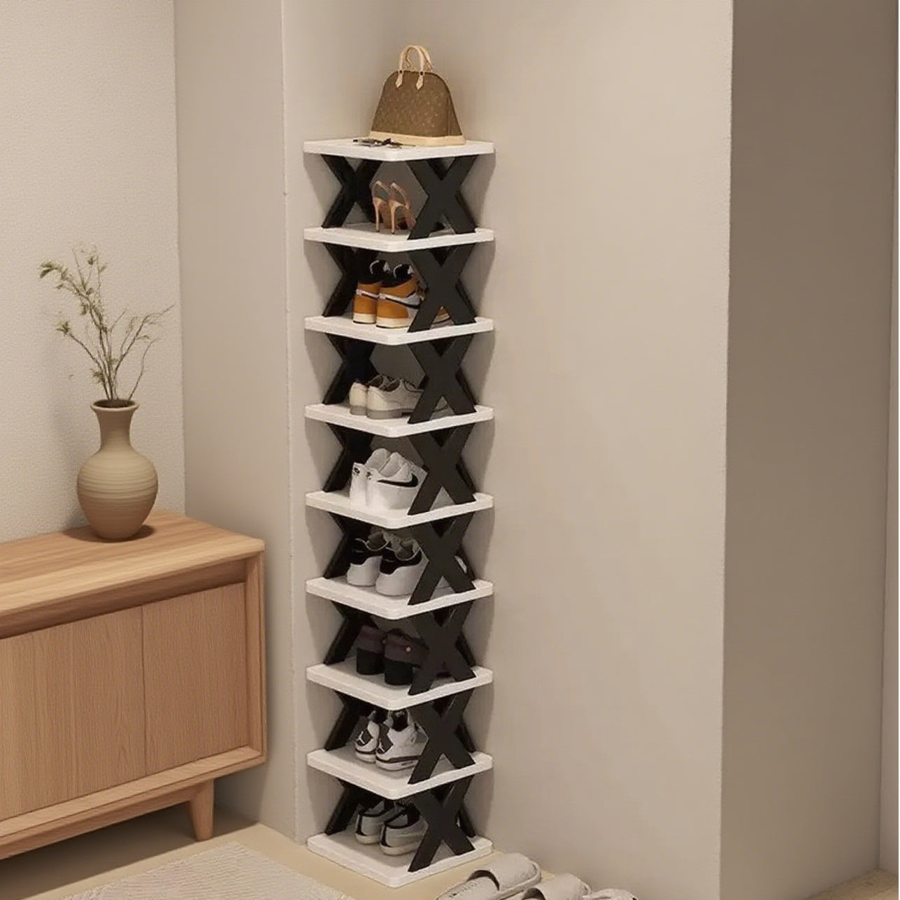  9-Tier Foldable White/Black Shoe Rack, space-saving vertical design for entry halls, living rooms, bedrooms, closets, balconies—an essential organizing storage shelf for college dormitories.