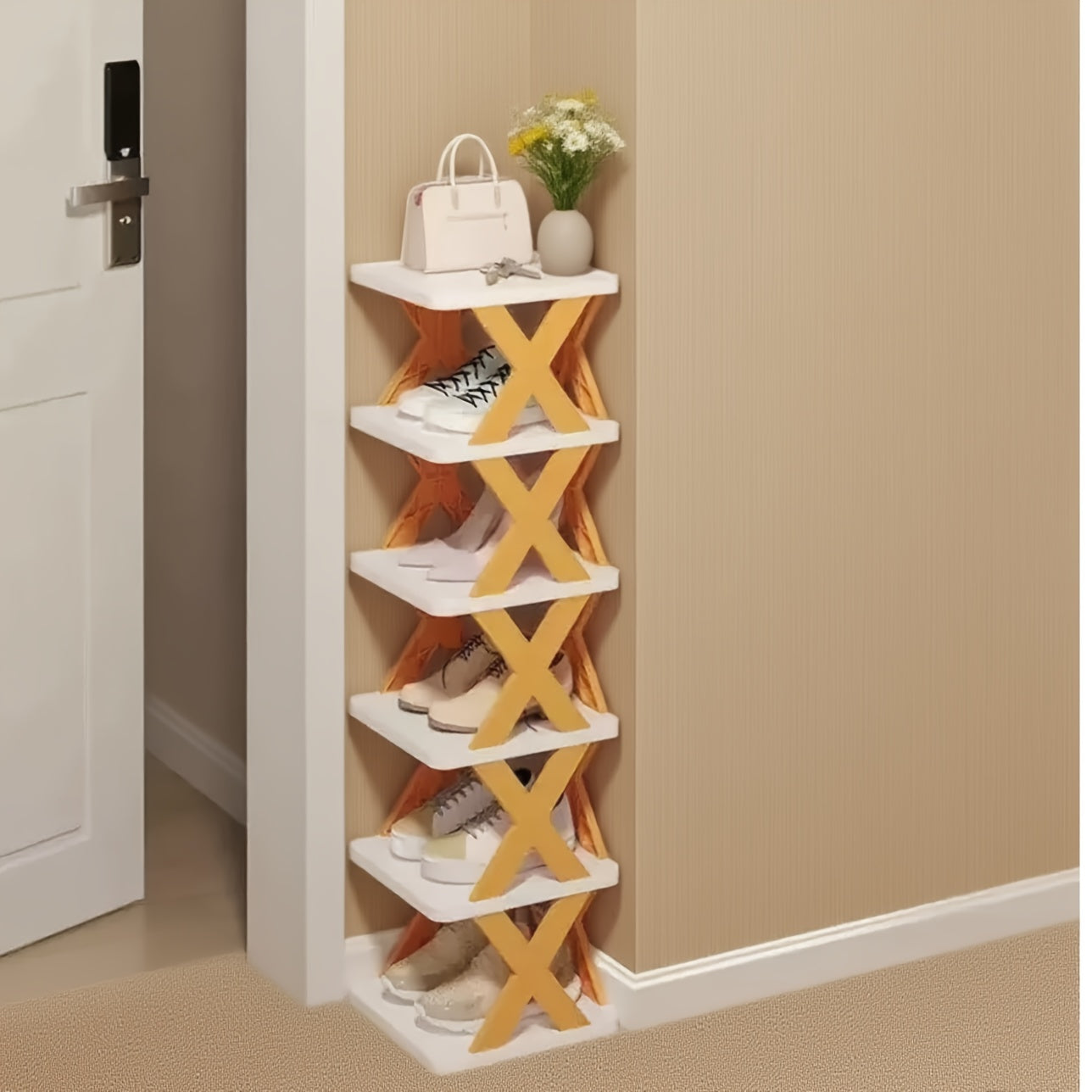  6-Tier Foldable White/Orange Shoe Rack, space-saving vertical design for entry halls, living rooms, bedrooms, closets, balconies—an essential organizing storage shelf for college dormitories.