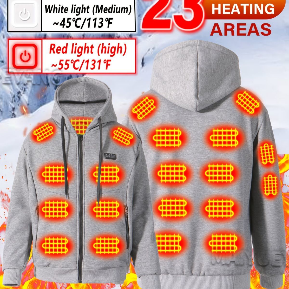 Heated Hoodie Electric Heating Hoodie Smart Heated Sweatshirt 23 Zone Heating - Gray - Size XL(AU XL/EU52)