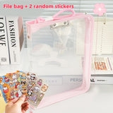 Macaron Candy Student File Bag + PET Animal Stickers - Hand-Carry Large Capacity Waterproof A4 Zipper Transparent Exam Paper & Textbook Storage Bag, Folder（pink）