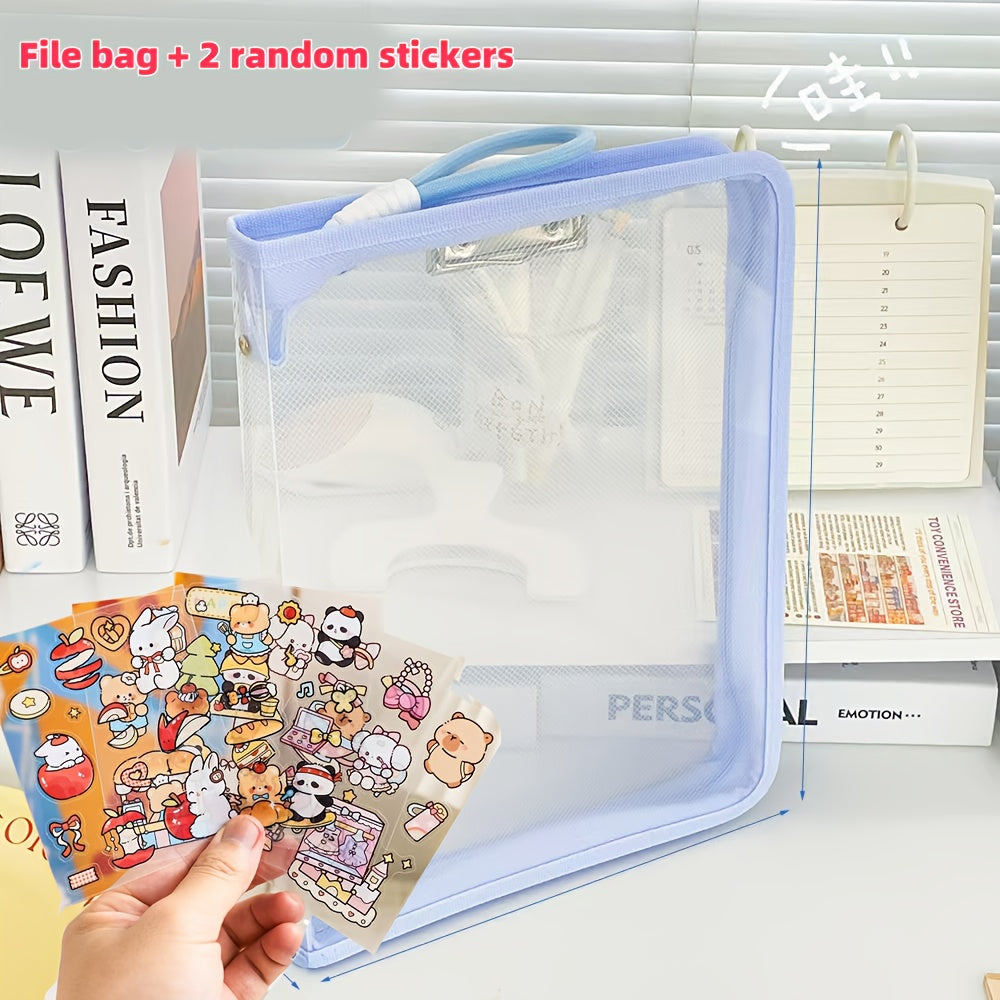 Macaron Candy Student File Bag + PET Animal Stickers - Hand-Carry Large Capacity Waterproof A4 Zipper Transparent Exam Paper & Textbook Storage Bag, Folder（blue）