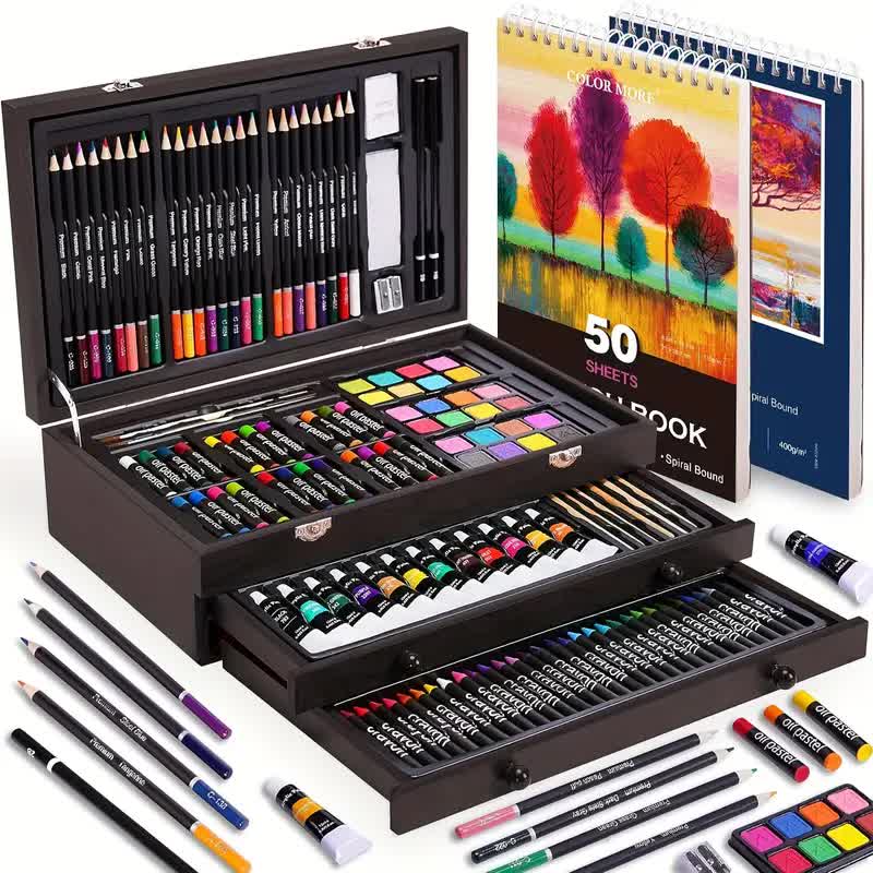 Black 175-Piece Deluxe Art Set with 2 Drawing Boards, Wax Crayons, Acrylic Paints, Colored Pencils, Wooden Storage Case – Professional Painting Kit, Art Supplies, Ideal Gift for Christmas, Halloween, and Back-to-School Season