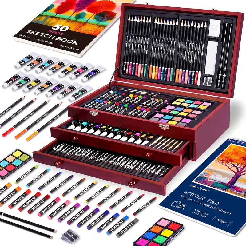 Cherry red 175-Piece Deluxe Art Set with 2 Drawing Boards, Wax Crayons, Acrylic Paints, Colored Pencils, Wooden Storage Case – Professional Painting Kit, Art Supplies, Ideal Gift for Christmas, Halloween, and Back-to-School Season