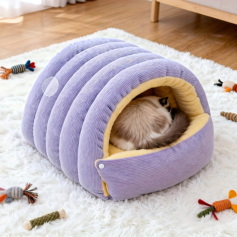 High-Elasticity Warm Cat Bed: 57×37×28cm Wrapped Design, Striped Fleece + Arctic Fleece Heat Retention, Removable & Washable（light purple）