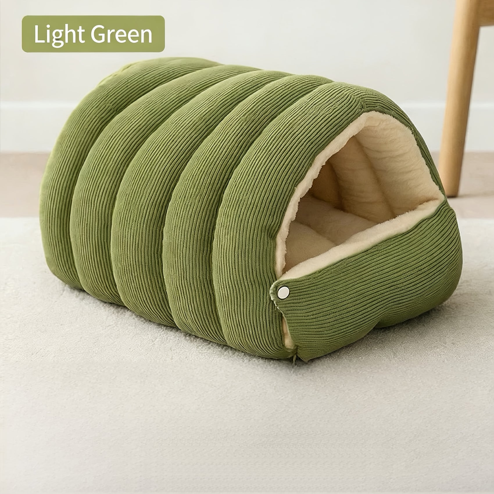 High-Elasticity Warm Cat Bed: 45×30×19cm Wrapped Design, Striped Fleece + Arctic Fleece Heat Retention, Removable & Washable（light GREEN）