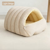 High-Elasticity Warm Cat Bed: 45×30×19cm Wrapped Design, Striped Fleece + Arctic Fleece Heat Retention, Removable & Washable（light beige）