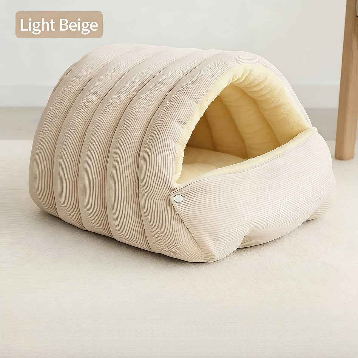 High-Elasticity Warm Cat Bed: 45×30×19cm Wrapped Design, Striped Fleece + Arctic Fleece Heat Retention, Removable & Washable（light beige）