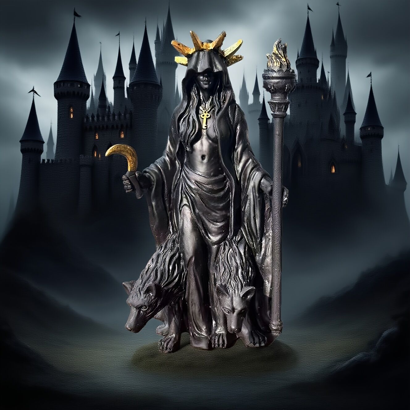 Dark Mystical Goddess Ornament — wearing a golden ray-like headdress, her face hidden beneath a dark robe, with a cross necklace adding to the mysterious aura. She holds a crescent moon prop in one hand and a flaming torch scepter tightly in the other. 