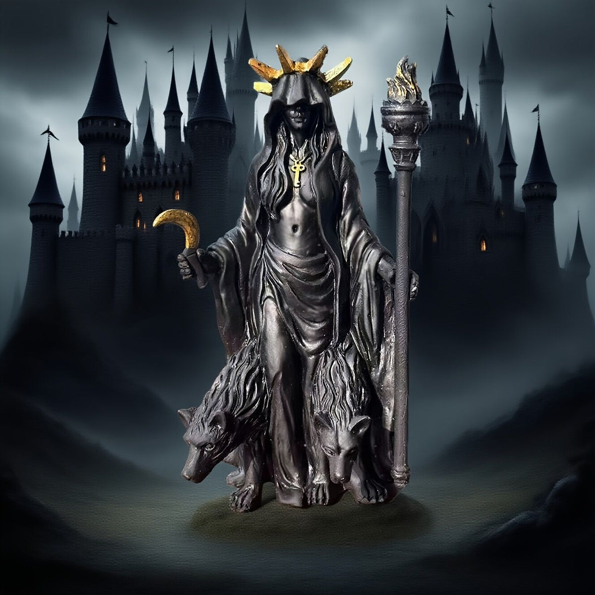 Dark Mystical Goddess Ornament — wearing a golden ray-like headdress, her face hidden beneath a dark robe, with a cross necklace adding to the mysterious aura. She holds a crescent moon prop in one hand and a flaming torch scepter tightly in the other. 