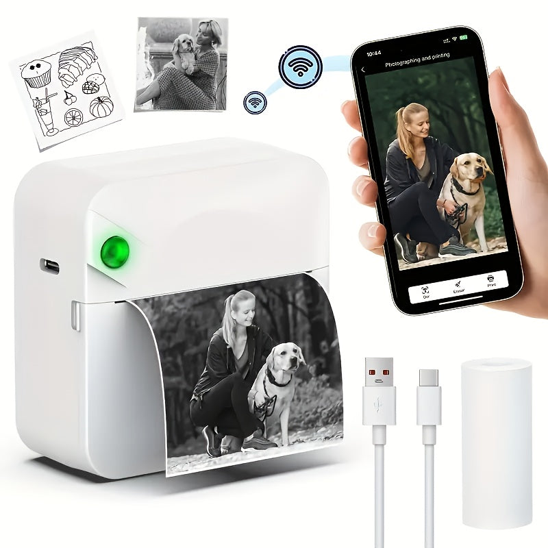 (White）Inkless Sticker Printer Mini Thermal Printer with Roll Thermal Paper, Wireless Pocket Printer, Smart Portable Receipt Printer for Photos, Diaries, Notes, and Preparation Work.