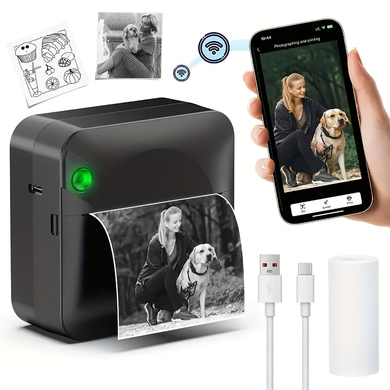 (Black）Inkless Sticker Printer Mini Thermal Printer with Roll Thermal Paper, Wireless Pocket Printer, Smart Portable Receipt Printer for Photos, Diaries, Notes, and Preparation Work.