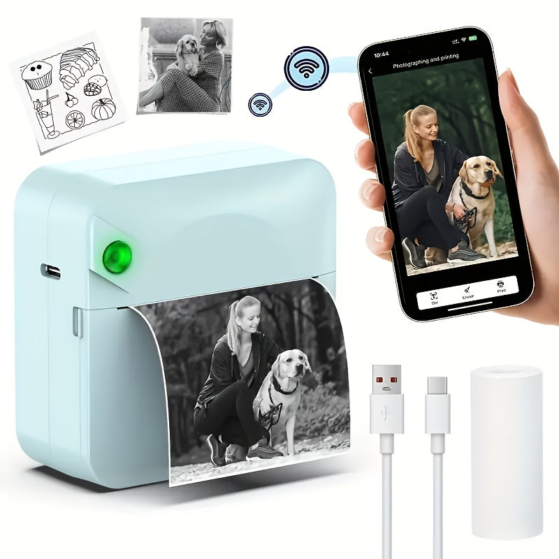 (Blue）Inkless Sticker Printer Mini Thermal Printer with Roll Thermal Paper, Wireless Pocket Printer, Smart Portable Receipt Printer for Photos, Diaries, Notes, and Preparation Work.