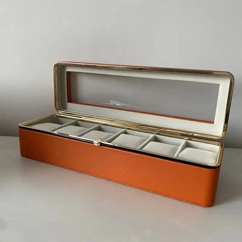 Luxury transparent-lid watch box with 6 fabric-lined compartments, portable and shockproof design, suitable for both men and women. Ideal for home, travel, or gifting—a refined storage solution for fine watches and jewelry. (brown)