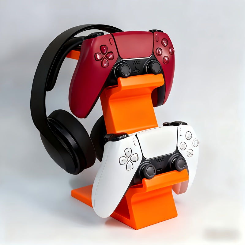ORANGE 3-in-1 PS5 and Xbox Controller Stand – Compatible with PlayStation 5/Xbox Consoles. A gaming desktop organizer with a headphone hanger, non-charging base that holds 2 controllers and headphones. Space-saving white/black console accessory.