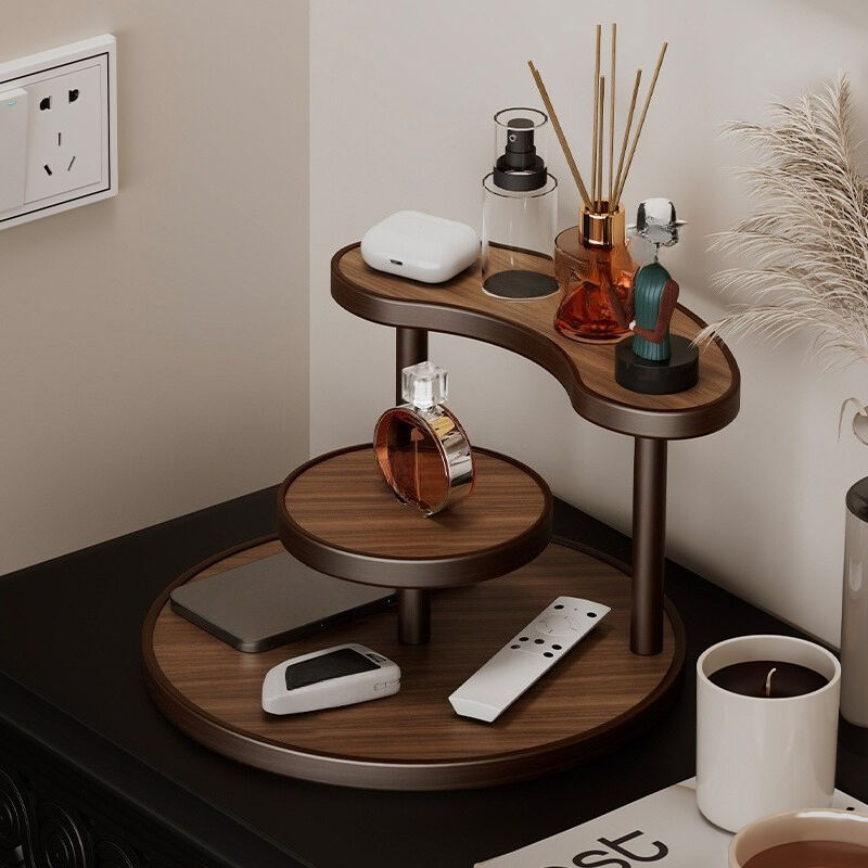 Three-tier Rotating Cosmetic Organizer, Wooden Bathroom Vanity Storage Rack, Suitable for Skincare Products, Perfumes, and Cosmetics — A Space-Saving Countertop Display Stand. Perfect for Placing on Coffee Tables, Office Desks,  （Walnut color regular styl