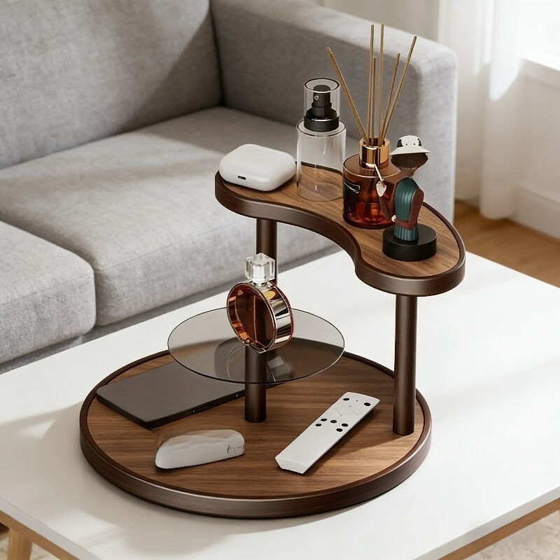  Three-tier Rotating Cosmetic Organizer, Wooden Bathroom Vanity Storage Rack, Suitable for Skincare Products, Perfumes, and Cosmetics — A Space-Saving Countertop Display Stand. Perfect for Placing on Coffee Tables, Office Desks,  （Walnut-colored acrylic v