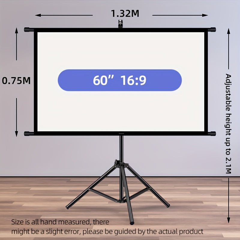 60in Portable and mobile projection screen with tripod stand, 16:9 HD format, suitable for home theater and indoor wall mounting. Made of polyester fabric, easy to set up and use. Ideal for office presentations and home entertainment, ready to use right o