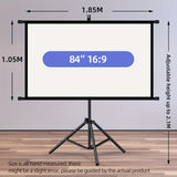 84inPortable and mobile projection screen with tripod stand, 16:9 HD format, suitable for home theater and indoor wall mounting. Made of polyester fabric, easy to set up and use. Ideal for office presentations and home entertainment, ready to use right ou