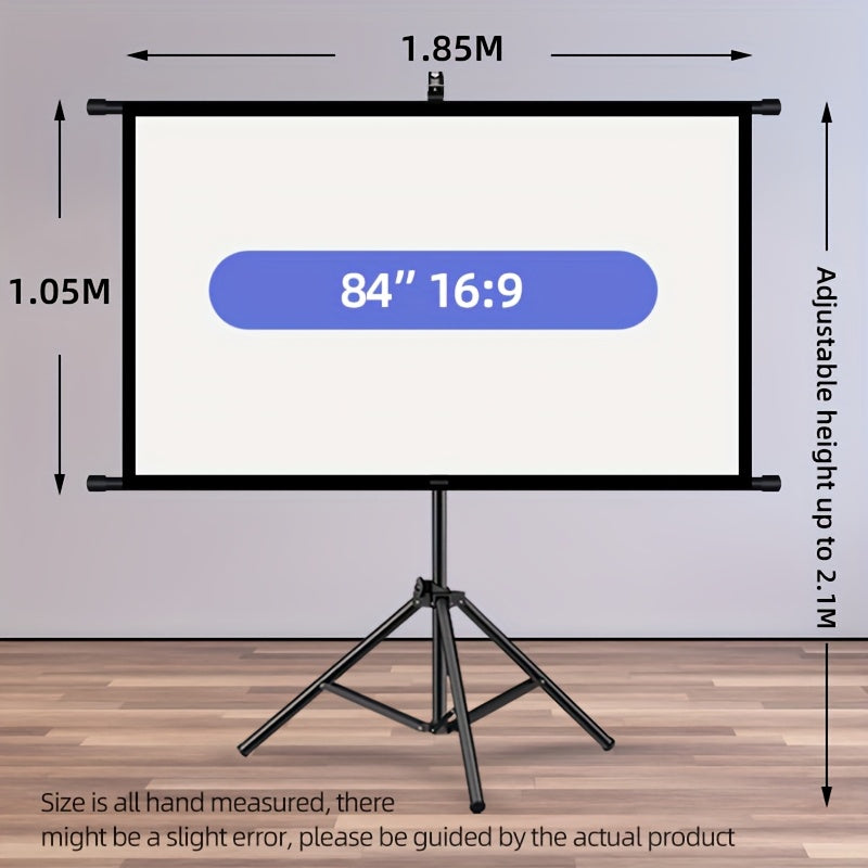 84inPortable and mobile projection screen with tripod stand, 16:9 HD format, suitable for home theater and indoor wall mounting. Made of polyester fabric, easy to set up and use. Ideal for office presentations and home entertainment, ready to use right ou