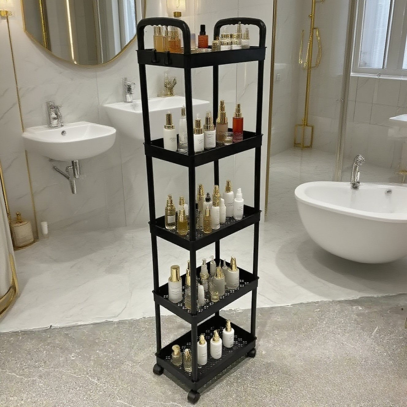 Five-Tier Rolling Cosmetics Storage Rack - Made of durable plastic, equipped with 360-degree swivel casters, strong load-bearing capacity - Suitable for bathroom, bedroom, kitchen, and home storage | BLACK