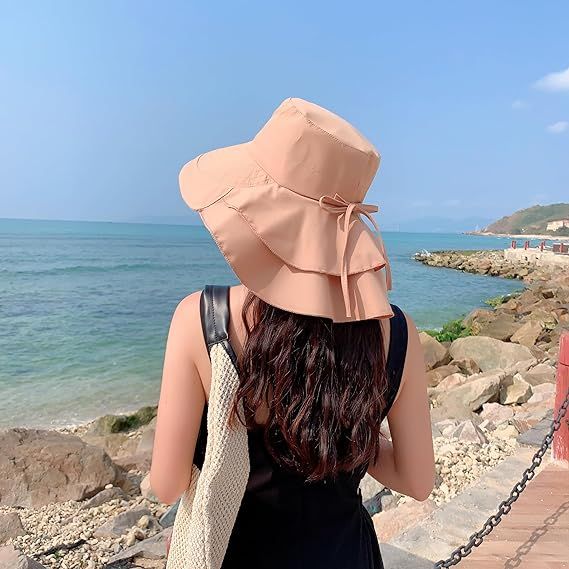 khaki Women's Sun Hat UV Protection Wide Brim Ponytail Adjustable Beach Visor Fishing Hat with Neck Flap