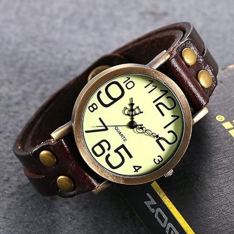 Ladies Unisex Vintage Large Arabic Markers Multi Layers Leather Wrap Cuff Bracelet Wrist Watch for Christmas