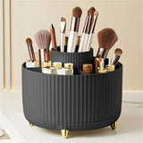 360° Rotating Multi-Compartment Makeup Brush Holder: Luxurious Vertical Texture with Golden Feet Design, Scientifically Organized Storage, One Cylinder to Tidy Your Vanity Table.(Black)