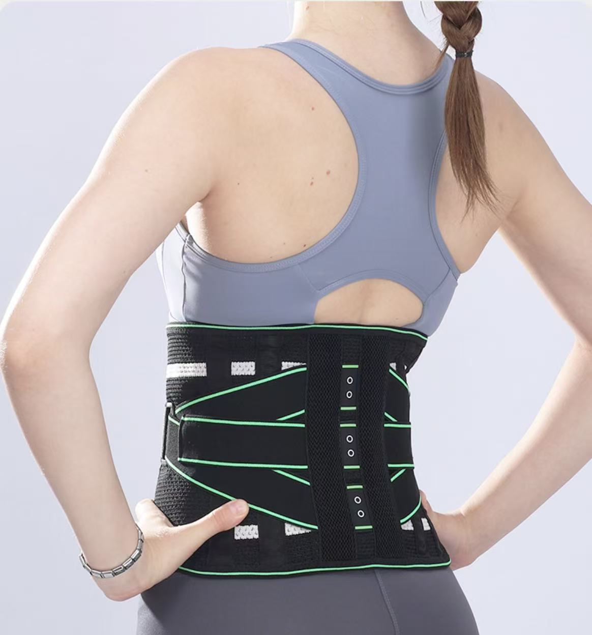 Lumbar Support Belt, featuring 8X Enhanced Lumbar Support, designed with a 3D massage pad, unisex back support strap, breathable and adjustable shoulder straps, available in green.（Size XXL）