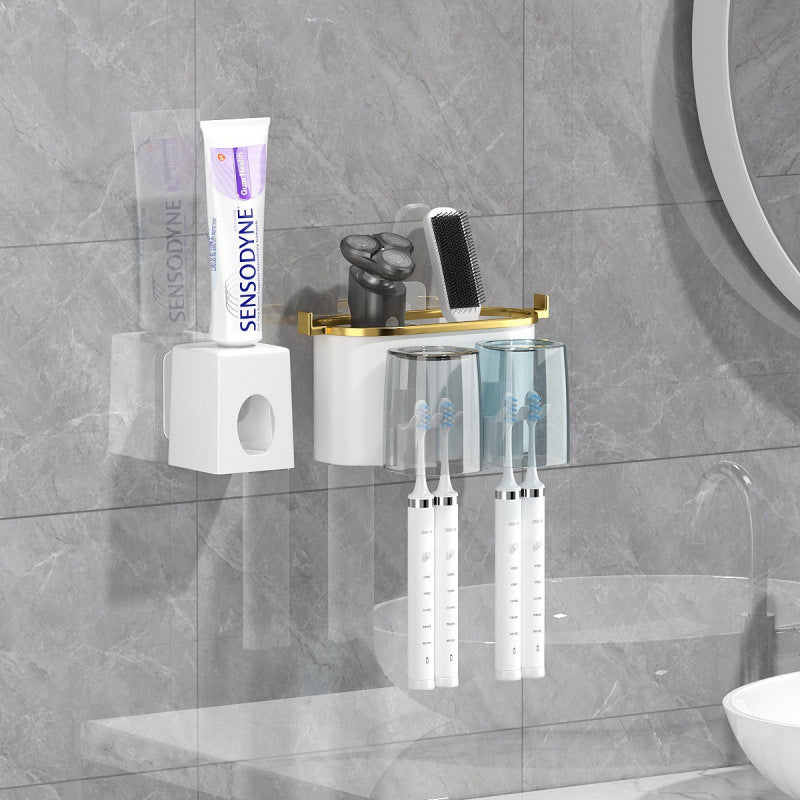 4-in-1 White( two persons) Wall-Mounted Toothbrush Holder | Toothbrush Storage/Toothpaste Dispenser/Storage Shelf/Anti-Mildew Drainage - Bathroom Organization Upgrade​ 
