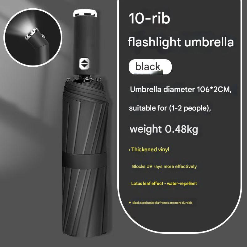 Black Reinforced Black Coating Umbrella, featuring a 10-rib black steel frame for durability, approximately 106cm in diameter, lightweight and portable. Combines lotus-effect water repellency with strong UV protection, an ideal companion for 1–2 people on