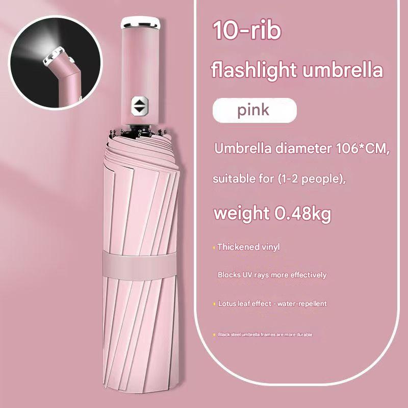 Pink Reinforced Black Coating Umbrella, featuring a 10-rib black steel frame for durability, approximately 106cm in diameter, lightweight and portable. Combines lotus-effect water repellency with strong UV protection, an ideal companion for 1–2 people on 