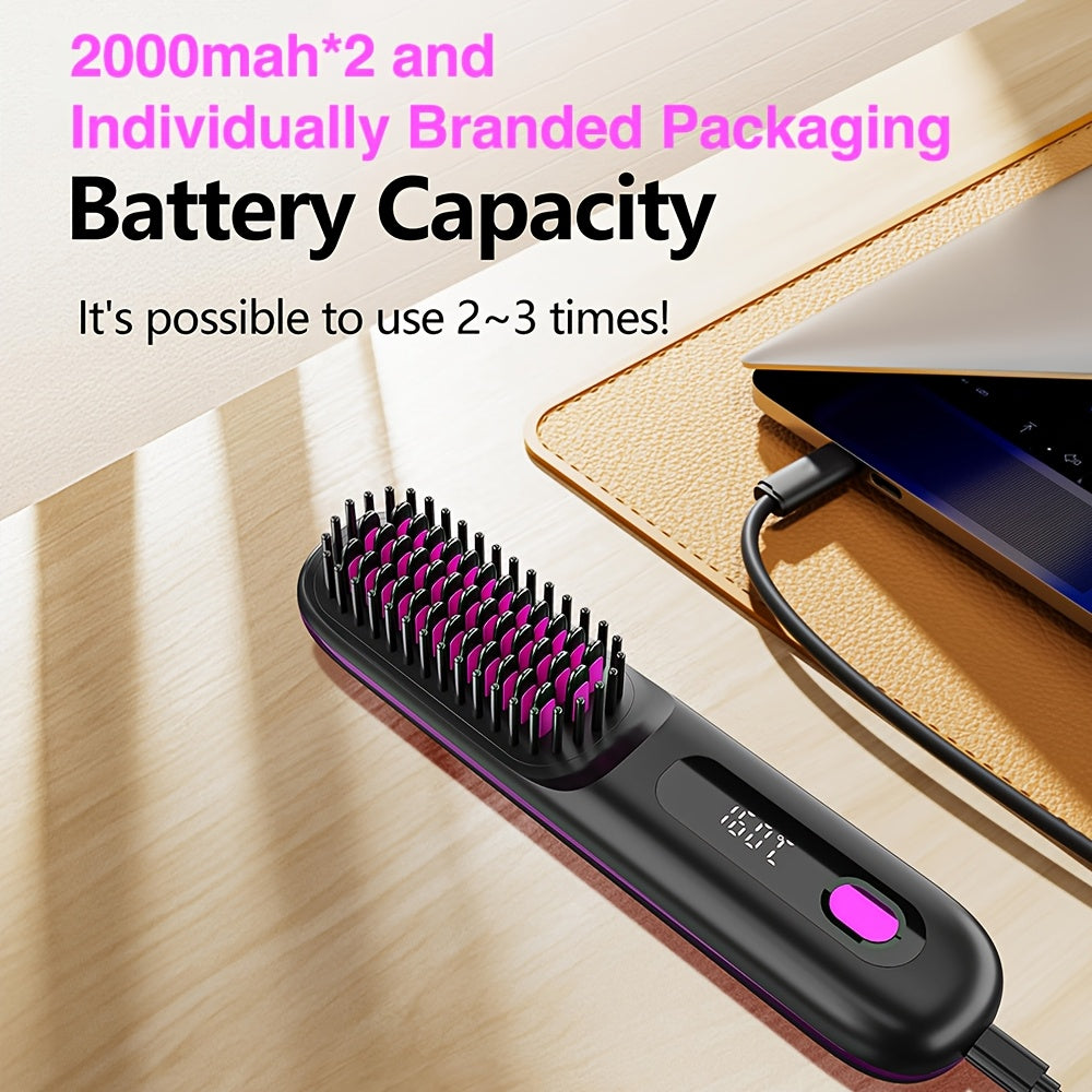 Cordless Hair Straightener Brush: Dual 2000mAh batteries for long-lasting power, fast heating, creates smooth styles anytime, anywhere.(Black)
