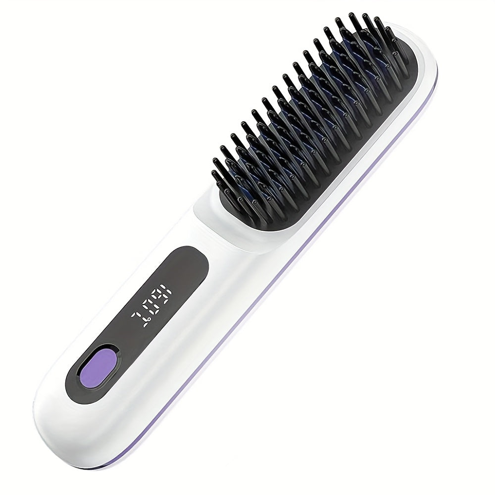 White Cordless Hair Straightener Brush: Dual 2000mAh batteries for long-lasting power, fast heating, creates smooth styles anytime, anywhere.