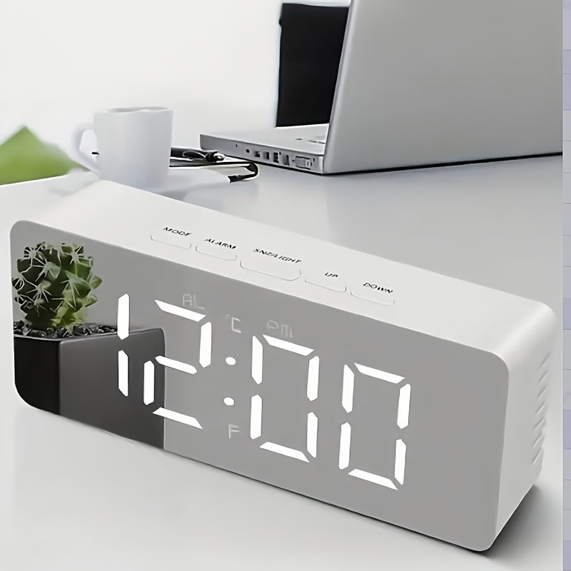 LED Mirror Desk Clock with Snooze Function & Temperature Display Digital Alarm Clock, Large LED Display Mirror Clock with Snooze, Adjustable Brightness, Suitable for Home Bedroom Living Room Office Travel (White)