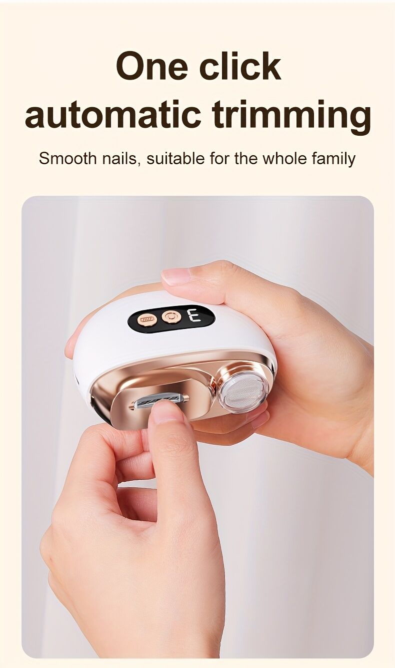 Smart Electric Nail Clipper 2-in-1 Polishing & Grooming Tool, USB Rechargeable, 500mAh Li-Polymer Battery. Features Anti-Cut Protection, Grinding, and Illumination. Suitable for Nail Trimming, Filing, Polishing, and Shaping. （white)