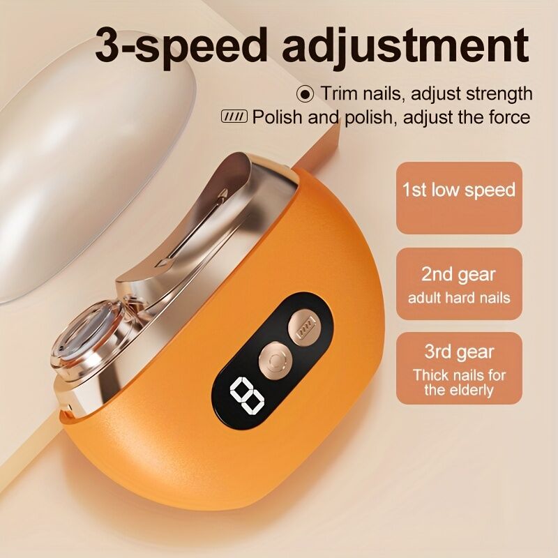 Smart Electric Nail Clipper 2-in-1 Polishing & Grooming Tool, USB Rechargeable, 500mAh Li-Polymer Battery. Features Anti-Cut Protection, Grinding, and Illumination. Suitable for Nail Trimming, Filing, Polishing, and Shaping. （orange）