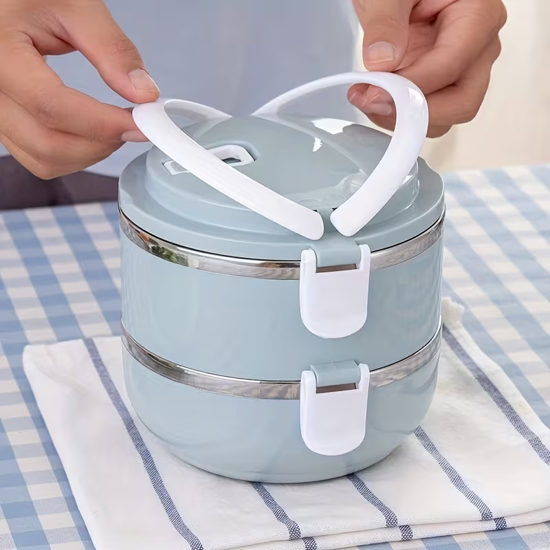 Two-layer circular lunch boxes, stainless steel insulated lunch containers, covered storage containers, suitable for office workers, school trips, camping and picnics, kitchen supplies