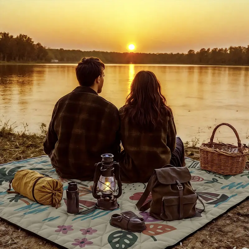 Extra-large 198.12x198.12 cm foldable picnic mat with portable rope. Soft padding design, floral and fruit prints, durable polyester material, perfect for beaches, parks, camping and travel - hand wash only, embossed PU-coated Oxford fabric.