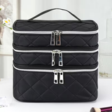 Fashionable and light luxury large-capacity black embroidered diamond-shaped cosmetic bag with three  for multi-level storage, portable and hand-held, suitable for home and travel use.