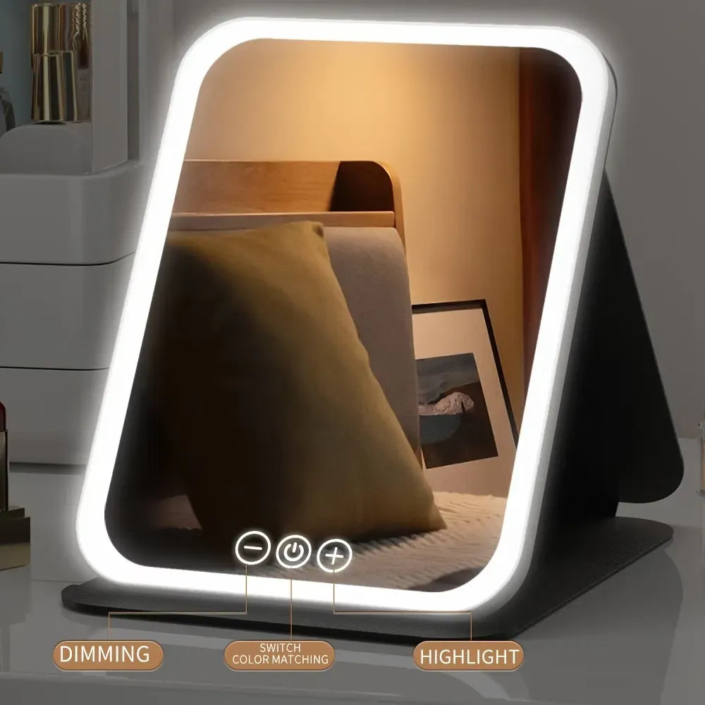 LED makeup mirror, portable travel mirror with foldable design and built-in lights, 3 lighting modes, intelligent adjustable light strip makeup mirror, rechargeable travel mirror, LED light mini vanity mirror, 3 color modes with adjustable light, foldable
