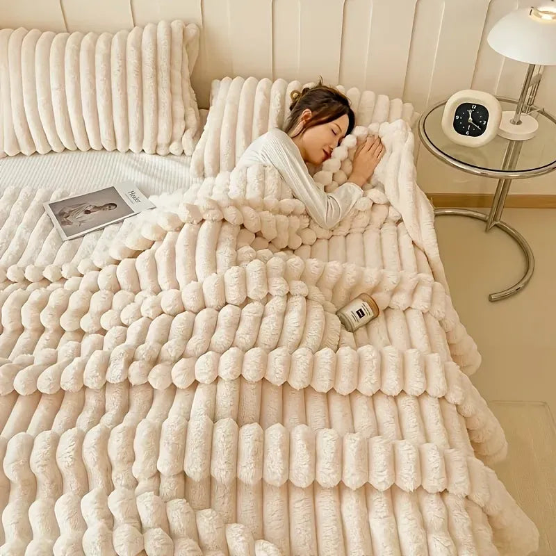 Luxurious faux rabbit fur blanket (180*200cm / white color) - feels like stroking a cat, with a pure color and simple style - soft, warm, comfortable, suitable for sofas, beds, offices and travels - multi-functional