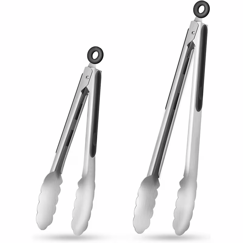 Stainless steel kitchen tongs set (2 pieces), silicone anti-slip handle, lockable barbecue food tongs, 22.86cm & 30.48cm, barbecue cooking tools
