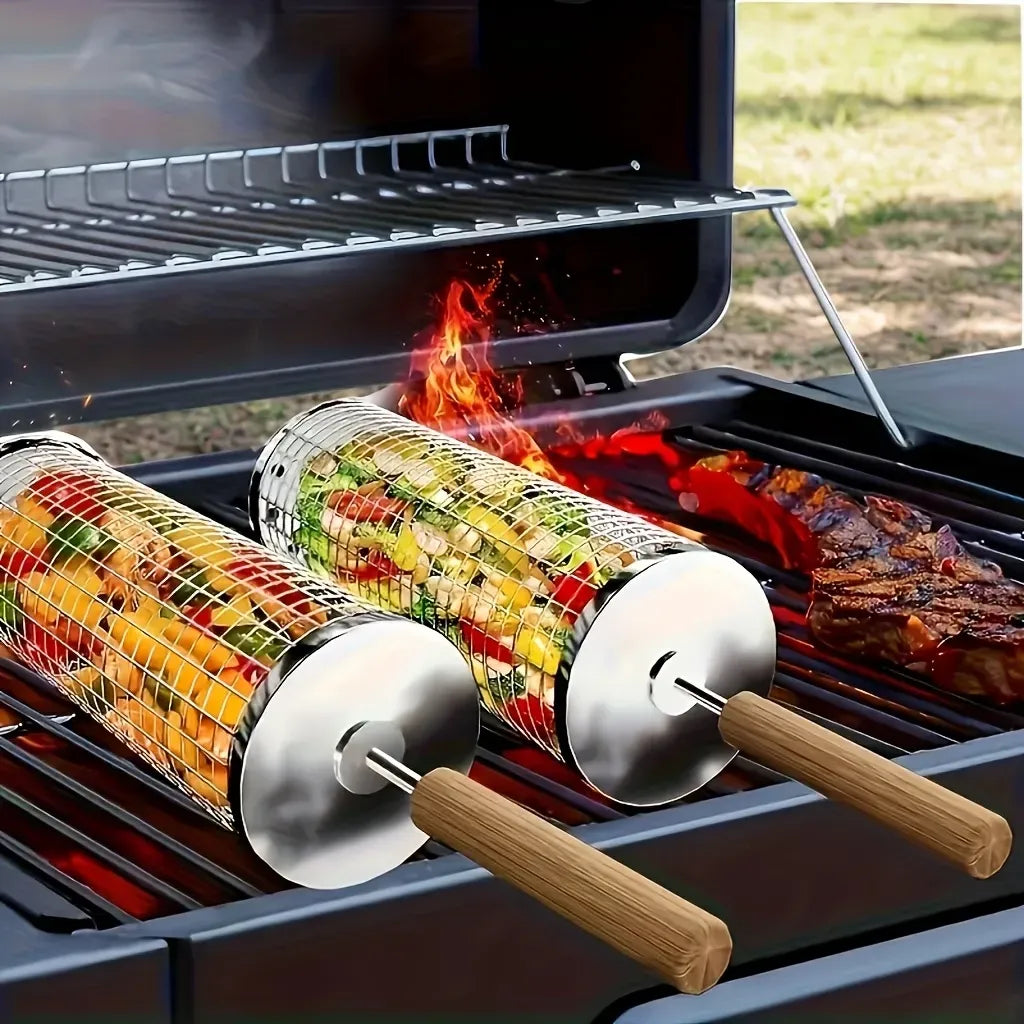 stainless steel BBQ grill, anti-scald design (barbecue basket + barbecue fork + hook) barbecue tool set, portable outdoor barbecue essential items, barbecue camping barbecue accessories, covered outdoor barbecue basket, suitable for camping and outdoor BB