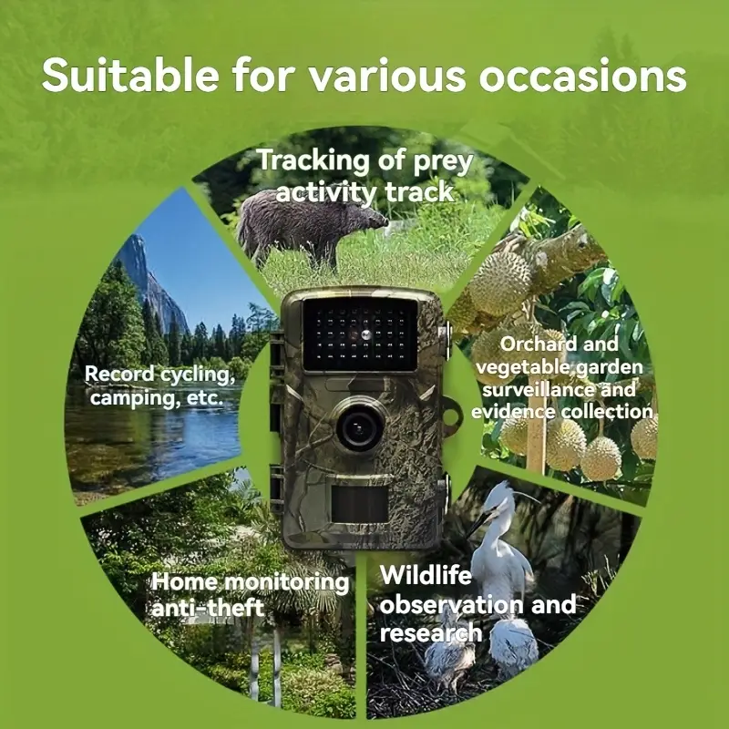 Hiking and hunting camera with night vision function, high-definition, 0.8s trigger, 120 ° wide-angle lens, used for outdoor camping, wildlife monitoring, home security monitoring, orchard monitoring (battery not included)