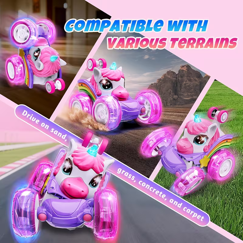 Unicorn remote control car for girls, 360° rotating four-wheel drive stunt remote control car with cute lights, rechargeable toy - children's birthday gift