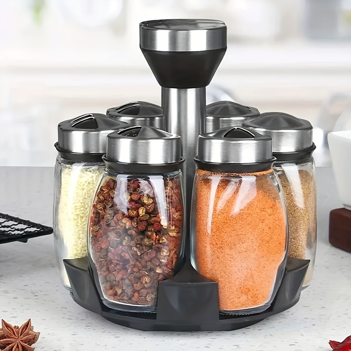 7 pieces rotating base spice dispenser, kitchen supplies, spice dispenser set, including salt, pepper and sugar dispenser - perfect for kitchen storage and organization