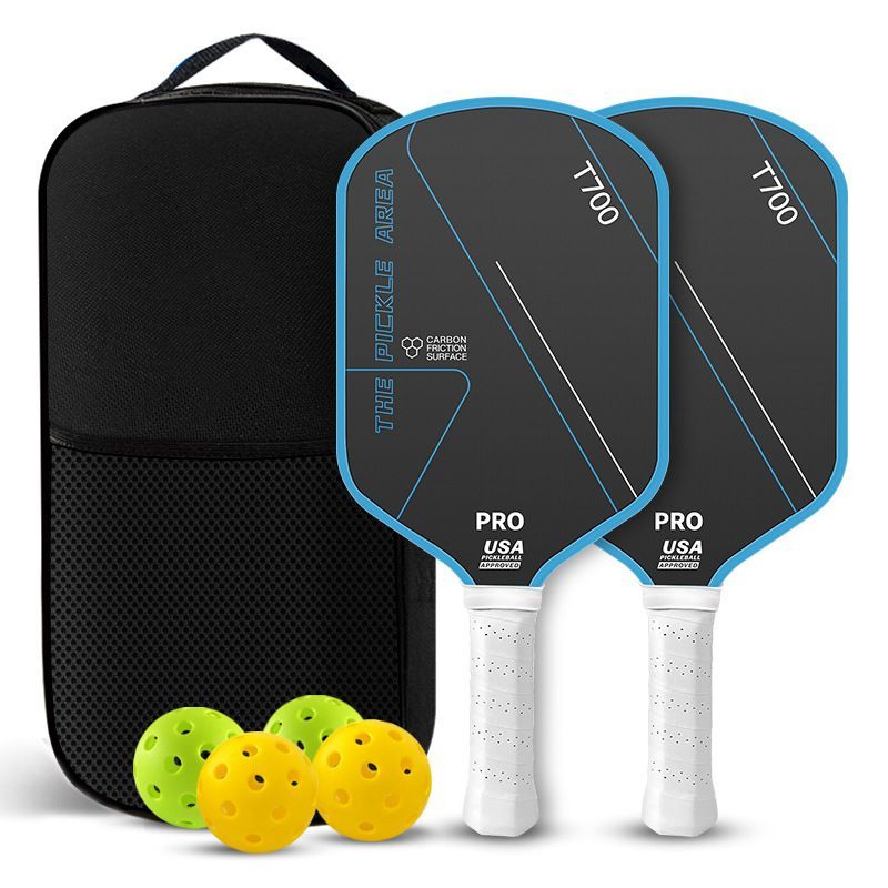 Pickleball Paddles Set of 2,  T700 Carbon Fiber Pickleball Rackets with 4 Balls & Carry Bag – Blue - Blue - Size T700