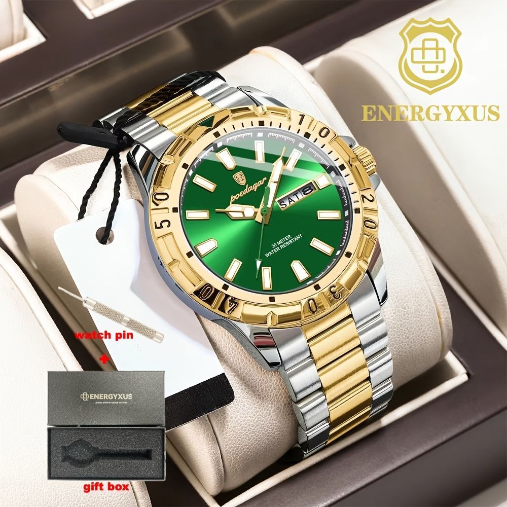 Men'S Watch Stainless Steel Watch Blue Dial Watch Water-Resistant Watch - 959 Gold, Silver, Green - Size 01
