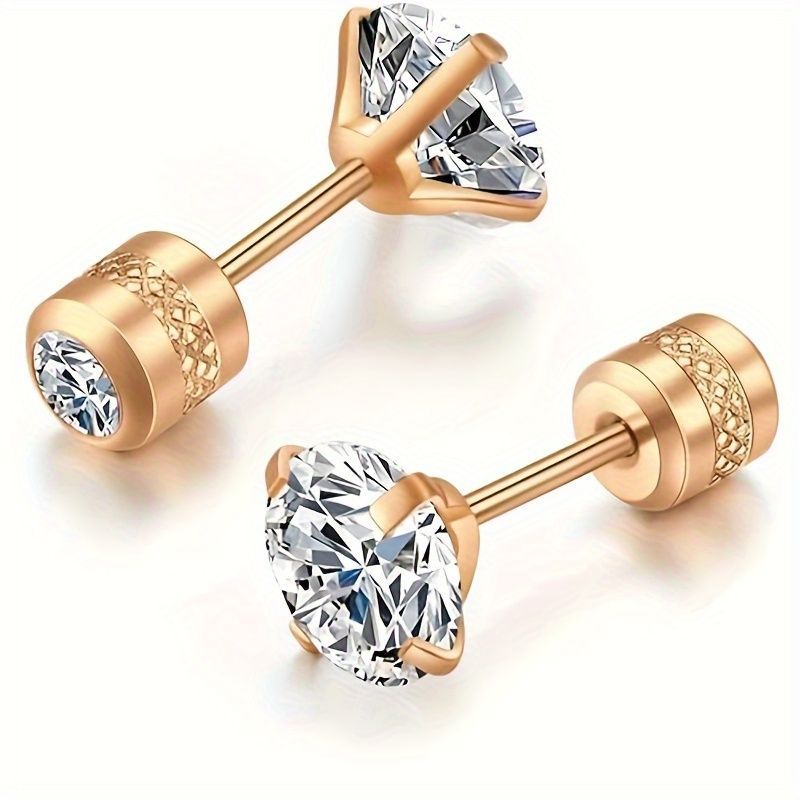 White Synthetic Diamond Earrings Embossed Floral Pattern Stud Earrings - Rose gold - Size 01